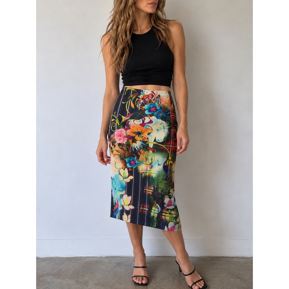 Clover Canyon Multicolor Floral Plaid Pencil Skirt XS Maximalist Art Print